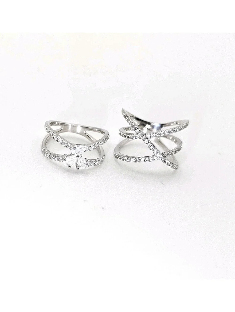 Lot of 2 CZ Pave Rings Size 7 Rhodium Plated Butterfly & Criss Cross X Ring NWOT
